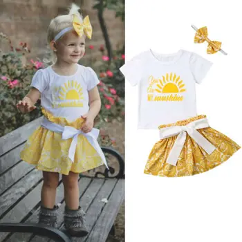 Noi Arrivels Vara 3PCS Copilul Fete pentru Copii Sunshine Costum de Haine Topuri tricou + Fusta Tutu Haine