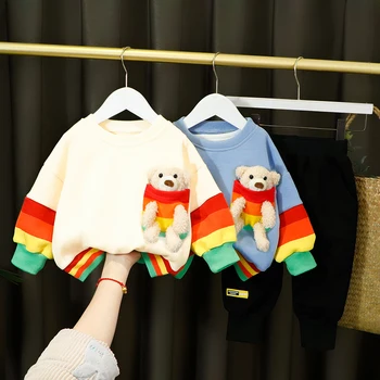 Copii Băieți Fete De Îmbrăcăminte Seturi 2021 Primavara Ursul Desene Animate De Colorat Cu Maneca Lunga T-Shirt Toddler Copii Sugari Copii Costum
