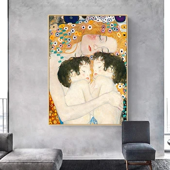 Gustav Klimt Dragostea de Mama Gemeni Baby Stil Nordic Panza Pictura Postere și de Imprimare Arta de Perete Tablou Living Decorul Camerei Cuadros