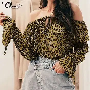 Celmia 5XL Femei Leopard de Imprimare Sexy Tricouri de Vara de Pe Umăr Bluze cu Maneca Lunga Bluze Liber Casual Elegant de Birou Blusas Femme