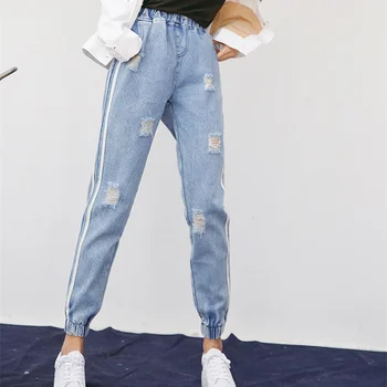 Blugi Talie mare Femeie 2020 coreeană Stil Casual cu Dungi Rupt Gaura Elastic Talie Pantaloni Denim Albastru Pantaloni Plus Dimensiune 5XL 3081