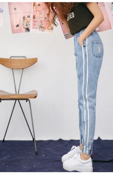 Blugi Talie mare Femeie 2020 coreeană Stil Casual cu Dungi Rupt Gaura Elastic Talie Pantaloni Denim Albastru Pantaloni Plus Dimensiune 5XL 3081