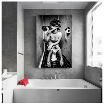 Toaletă Sexy Femeie Bărbat Panza Printuri Bara Fata Fumat Si De Baut Baie Imagine Poster Negru Și Alb Pictura