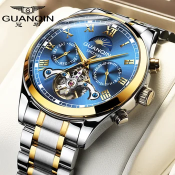 Guanqin 2020 ceas nou de sex masculin ceas mecanic automatic gol tourbillon luminoase rezistent la apa curea bărbați ceas dual calendar mult