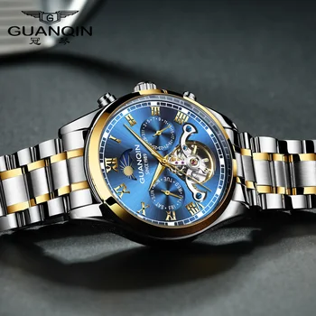 Guanqin 2020 ceas nou de sex masculin ceas mecanic automatic gol tourbillon luminoase rezistent la apa curea bărbați ceas dual calendar mult