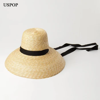 USPOP 2020 Nou pălării de vară pentru femei de grau natural, pălării de paie de înaltă top plat lungă panglică dantelă-up pălării de soare margine largă palarii de plaja