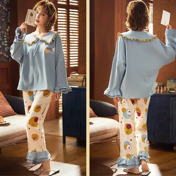 Pijama Seturi Pentru Femei Kawaii Dulce Elevii Zburli Guler Marinar Sleepwear Casual, Stil Printesa Bumbac, Pijamale Confortabile, Noi Chic