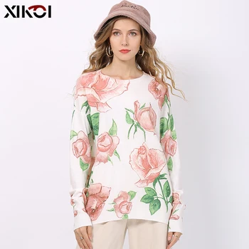 XIKOI Romantic Rose Print Pulover tricotat Pentru Femei de Iarnă Caldă Mâneci Lungi Pulovere Supradimensionate Albe Swetaer Noi Jumper Topuri