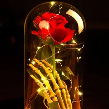 Bază De Lemn Capac De Sticla Micro Peisaj Veșnică Flori Artificiale Schelet De Mână A Crescut Cu Capac De Sticlă Cu Lampa