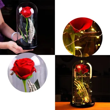 Bază De Lemn Capac De Sticla Micro Peisaj Veșnică Flori Artificiale Schelet De Mână A Crescut Cu Capac De Sticlă Cu Lampa