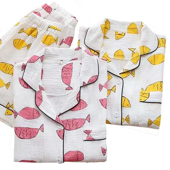 Vară Nouă Doamnelor Stil coreean Set de Pijama Confort Tifon de Bumbac Femei Vrac Set de Pijamale Guler de Turn-down Casual Uzura Acasă-uzura