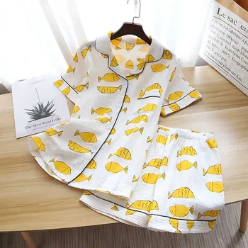 Vară Nouă Doamnelor Stil coreean Set de Pijama Confort Tifon de Bumbac Femei Vrac Set de Pijamale Guler de Turn-down Casual Uzura Acasă-uzura