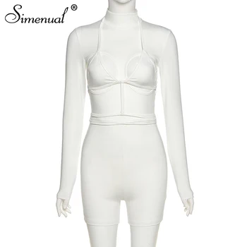 Simenual Moda Antrenament Solid Femei Bodycon Salopetă Mânecă Lungă Antrenament Sutien Criss Cross Gol Afară Slab Costum Mock Neck
