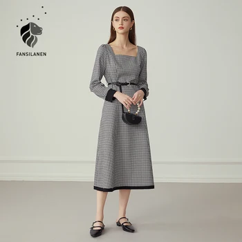 FANSILANEN Toamna iarna carouri negru lung rochie Femei, cu maneci lungi curea vintage rochie de sex Feminin subțire partid rochie office-eleganta 2020