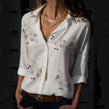 Femei Topuri Bluze 2018 Toamna Elegant cu Maneca Lunga Print V-Neck Șifon Bluza de sex Feminin locul de Muncă Poarte Tricouri Plus Dimensiune 5XL Rever Blusa