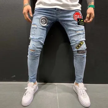Moda Casual, Blugi Denim Mens Barbati Rupt Streetwear Blugi Skinny Găuri Hip-hop de Motociclete de Înaltă Calitate Cutat Slim Jeans