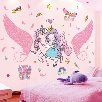 [shijuekongjian] Fată de Desene animate Unicornul de Perete Autocolante DIY Aripi Pene Decalcomanii de Perete pentru Dormitor Copii Copil de Cameră Decor Acasă