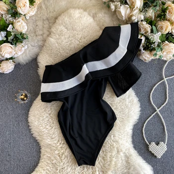 Moda de pe Umăr Femei Body Alb Negru cu Spatele gol Plasă Ciufulit Slim Sexy Bodycon Organismului de Vara Costume de sex Feminin