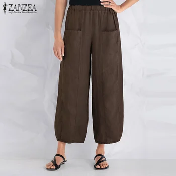 ZANZEA Plus Dimensiune 2021 Vara Femei Talie Elastic Buzunare Pantaloni Harem Solid Casual Lenjerie de pat din Bumbac Largi Picior Pantaloni Lungi Pantalon