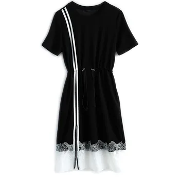 Nouă Femei Dantelă Rochie de Vară 2020 Moda cu Maneci Scurte cu Dungi Mozaic Fermoar Rochii Largi S-3XL Femei T-Shirt Dress vestidos