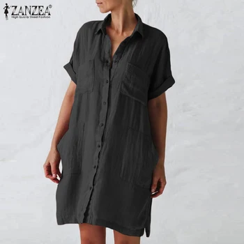Femei Tricou Sundress ZANZEA 2021 Moda Solid Vara Rochie Casual cu Maneci Scurte Vestidos de sex Feminin Butonul Plus Dimensiune Halat Femme