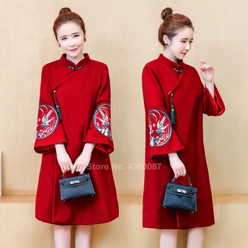 2020 Femei Haine De Iarnă Tradiționale De Îmbrăcăminte Din China Gros De Iarna Cheongsam Rochii Macara Broderie Vintage Lână Qipao De Anul Nou