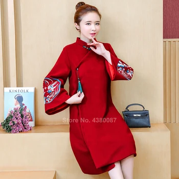 2020 Femei Haine De Iarnă Tradiționale De Îmbrăcăminte Din China Gros De Iarna Cheongsam Rochii Macara Broderie Vintage Lână Qipao De Anul Nou