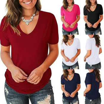 îmbrăcăminte OWLPRINCESS Femei 2019 Vara de Culoare Solidă și V-gât cu Mânecă Scurtă T-shirt