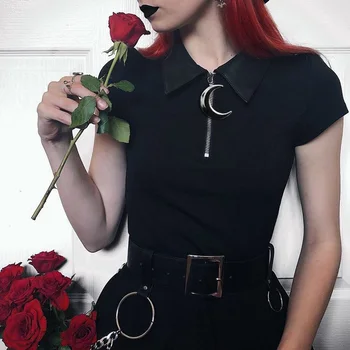Femeie Rochie Sistem Închis Punk Stil Gotic Cu Fermoar Talie Subțire Rochie Peter Pan Guler Maneci Scurte De Sex Feminin Chic Mai Sus De Genunchi Rochii