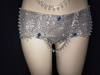 Strălucesc Argint Pietre Lanț Sutien, pantaloni Scurti 3 Piese Sexy Bar DJ Dansatoare Dans Pol Diamant Bikini de Performanță Costum de Scena