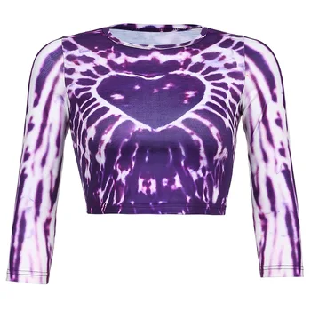 HEYounGIRL Tie Dye Heart Print Y2K Crop Top Tricou Toamna Casual cu Maneci Lungi Tricou Femei de Moda Violet T-shirt Doamnelor 2021