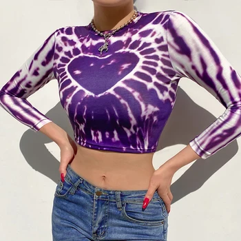 HEYounGIRL Tie Dye Heart Print Y2K Crop Top Tricou Toamna Casual cu Maneci Lungi Tricou Femei de Moda Violet T-shirt Doamnelor 2021