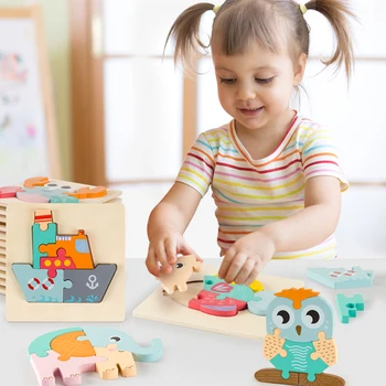 DIY Creative 3D Puzzle din Lemn Animale de Desene animate pline de culoare Puzzle-Cognitive de Învățare Timpurie Jucarii Educative Pentru copii Copii Copii