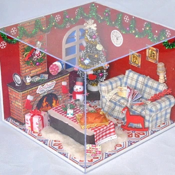 Noua casă de Păpuși în Miniatură cu Mobilier, BRICOLAJ, Casa Kit Plus Dovada de Praf , 1:24 Casă Mică Clădire Kit，(Crăciun Fericit.）