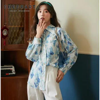 CHEERART Ghețar Tie Dye Bluza Femei 2020 Albastru cu Maneci Lungi de Sus Butonul Up Guler Camasa Casual Pierde coreeană de Moda de Îmbrăcăminte