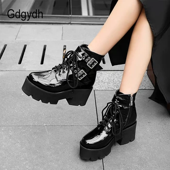 Gdgydh Sexy Catarama Stilul Punk Platforma Femei Glezna Cizme Cu Toc Din Piele De Brevet De Toamnă Iarnă Pantofi Pentru Petrecerea De Pantof Confortabil
