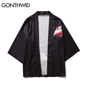 GONTHWID Harajuku Macara Print Japonez Stil Kimono Cardigan Haori Jachete Streetwear Casual Deschisă Față de Haine Hip Hop Sacou