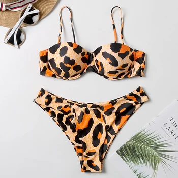 2020 Nou Căptușit Împinge În Sus Bikini Set Underwire Flori Volane Costume De Baie Pentru Femei Sexy Leopard Bandeau Feminin Costum De Baie Biquini