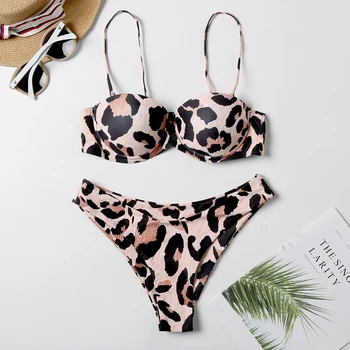 2020 Nou Căptușit Împinge În Sus Bikini Set Underwire Flori Volane Costume De Baie Pentru Femei Sexy Leopard Bandeau Feminin Costum De Baie Biquini