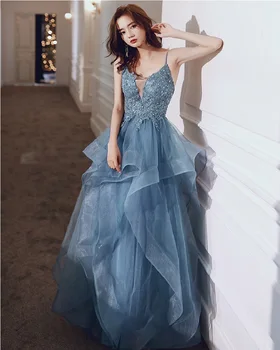 Femei formale de bal rochie de seara sexy dantela broderie tort stratificat tul albastru lung petrecere de nunta rochie Plus dimensiune Rochie de Ceremonie