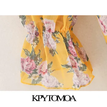 KPYTOMOA Femei 2020 Moda Chic Floral Print Ciufulit Șifon Rochie Midi Vintage Maneca Lunga Cu Garnitură de Rochii de sex Feminin Vestidos