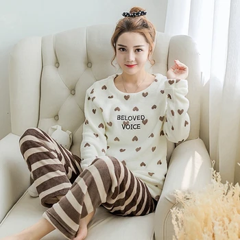 Iarna Set Pijama Femei Flanel Plante Pijamas Femei Cald Satin cu Maneci Lungi Sleepwear Kawaii Pijamale pentru Fete Adolescente Plus Dimensiune