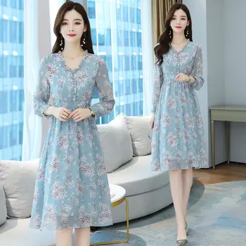 COIGARSAM Complet Maneca Femei rochie Nouă Primăvară Șifon Talie Mare Print Floral Rochii de Lumină Albastră 8092
