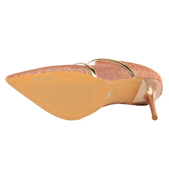 BIGTREE Aur Cuvânt Dublu Bandă în aer liber Papuci Femei Paiete Pânză Subliniat Toe Superficial Pantofi cu Tocuri de Femei Arată Subțire