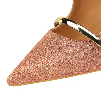 BIGTREE Aur Cuvânt Dublu Bandă în aer liber Papuci Femei Paiete Pânză Subliniat Toe Superficial Pantofi cu Tocuri de Femei Arată Subțire
