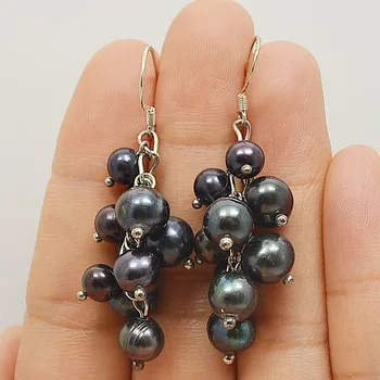 De apă dulce pearl cercei,cluster de struguri cercel de perla,argint 925 cârlig,4-9mm Naturale de culoare negru adevarata perla bijuterii