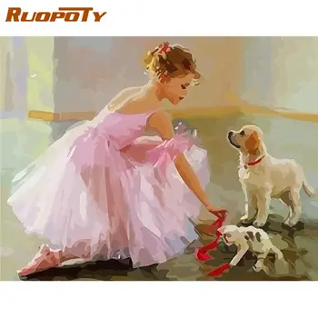 RUOPOTY DIY Încadrată Pictură în Ulei De Numere de Balet Fete Și Câinele Imagine Figura De Numărul Handmade Imagine plina de culoare 40x50cm Arta