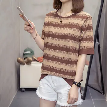 Plus Dimensiune Tricotate Tricou Femei 2021 Primavara-Vara Maneca Scurta Camasi Supradimensionate Moda Coreeană Liber Split Vintage Stripe Topuri