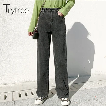 Trytree 2020 AW Femei Blugi Casual cu nasturi Pantaloni Largi Picior Femei Balsam de Epocă Buzunare cu Fermoar Moale Liber Blugi Talie Mare