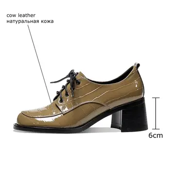 ALLBITEFO dimensiune 34-42 dantelă-up de moda naturale din piele femei pantofi cu toc gros, cu toc femei pompe tocuri inalte pantofi de bază
